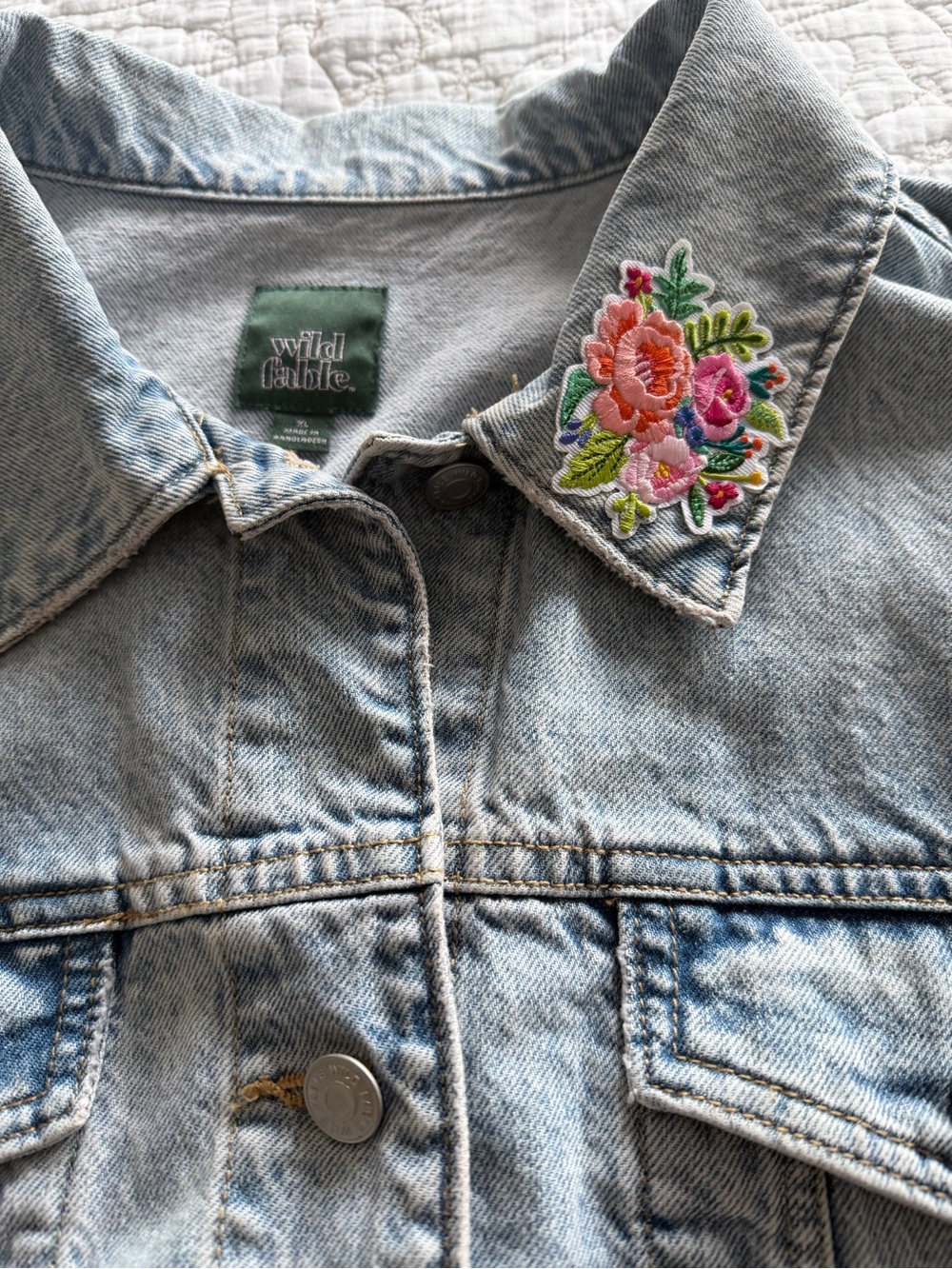 Wild Fable Light Blue Denim Jacket with Floral Embroidered Collar Patch